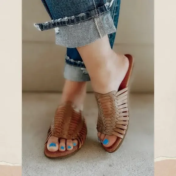 NIB Roan Bed Stu Chastity 7 37 Leather Huarache Slide Flat Sandals Almond Oats - Picture 3 of 11